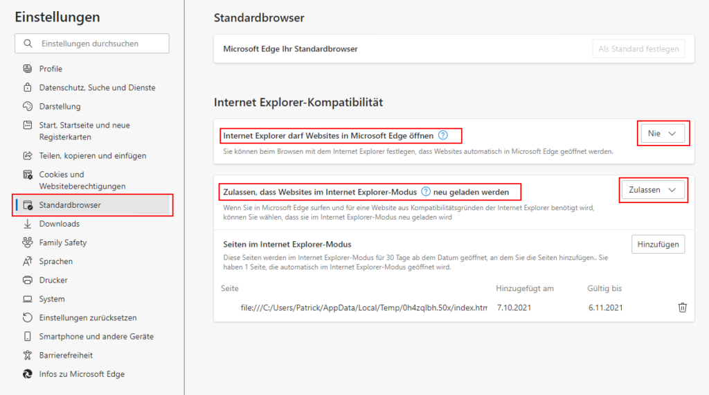 Ein Screenshot der Einstellungen des Edge Browsers. Das Kontextmenü "Standartbrowser" ist markiert, sowie die Punkte "Internet Explorer darf Websites in Microsoft Edge öffnen" = "Nie" und "Zulassen, dass Websites im Internet Explorer-Modus neu geladen werden" = "Zulassen"