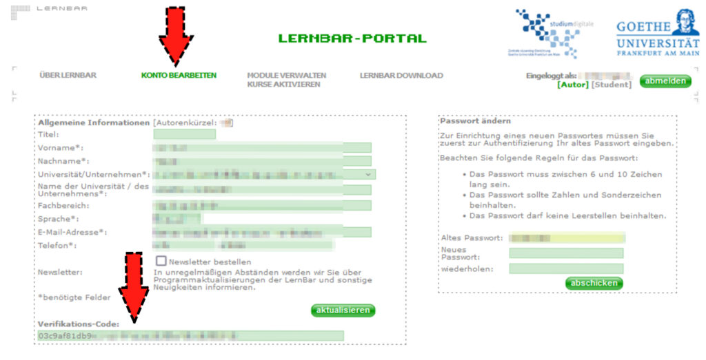 Eine Ansicht der Seite Konto bearbeiten im LernBar Portal. Mit zwei roten Pfeilen werden die Abschnitte Konto bearbeiten und Verifikations-Code markiert.