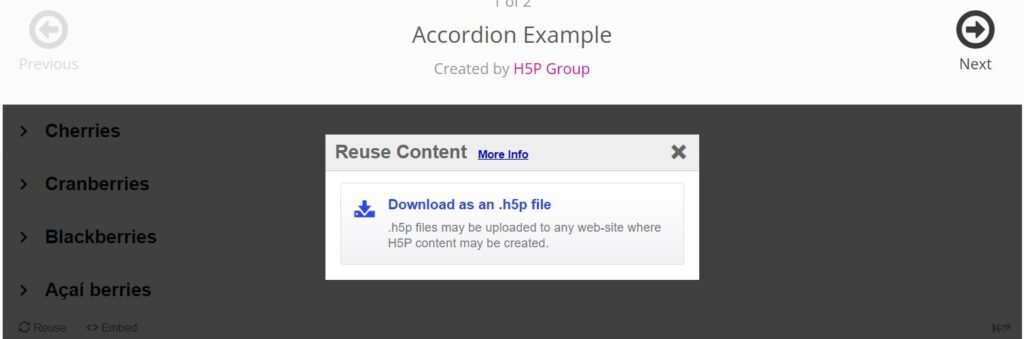 Das Bild zeigt die Anwenderoberfläche von H5P. Das Modul "Accordion" ist ausgewählt. Es ist ein neues Fenster geöffnet, welches den Download des Moduls als .h5p Datei ermöglicht.