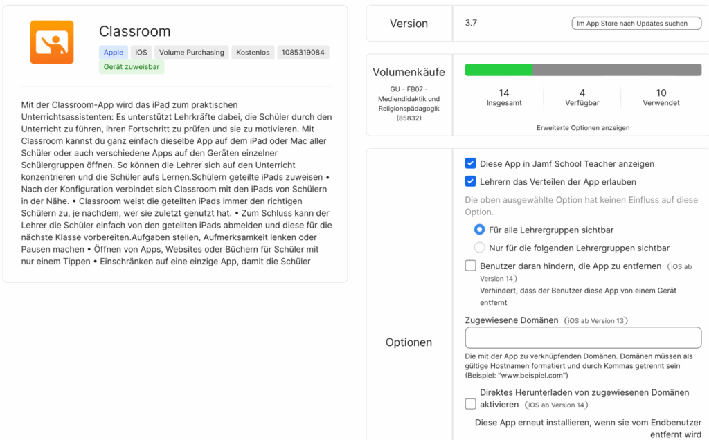 Die Classroom-App von Apple für iOS unterstützt Lehrkräfte dabei, Schüler im Unterricht zu führen und deren Fortschritt zu überwachen. Die Benutzeroberfläche zeigt Funktionen, Volumenkäufe und Optionen zur Sichtbarkeit und Verteilung der App.