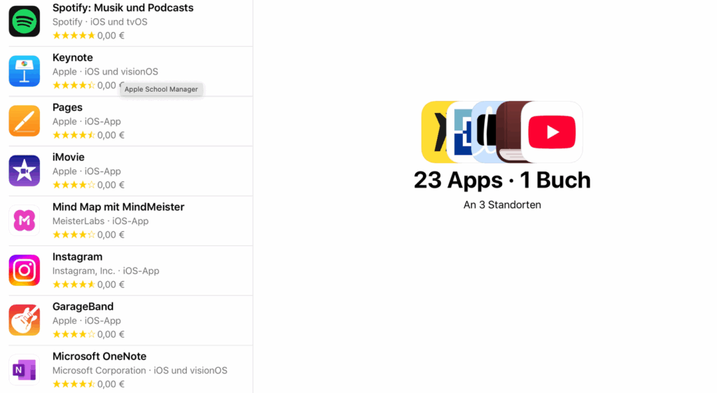Die Ansicht zeigt eine Liste von 23 Apps und einem Buch, die an drei Standorten verfügbar sind, darunter bekannte Anwendungen wie Spotify, Keynote, Pages und iMovie, die alle kostenlos sind. Jede App ist mit Bewertungen und dem Hinweis auf ihre Kompatibilität mit dem Apple School Manager versehen.